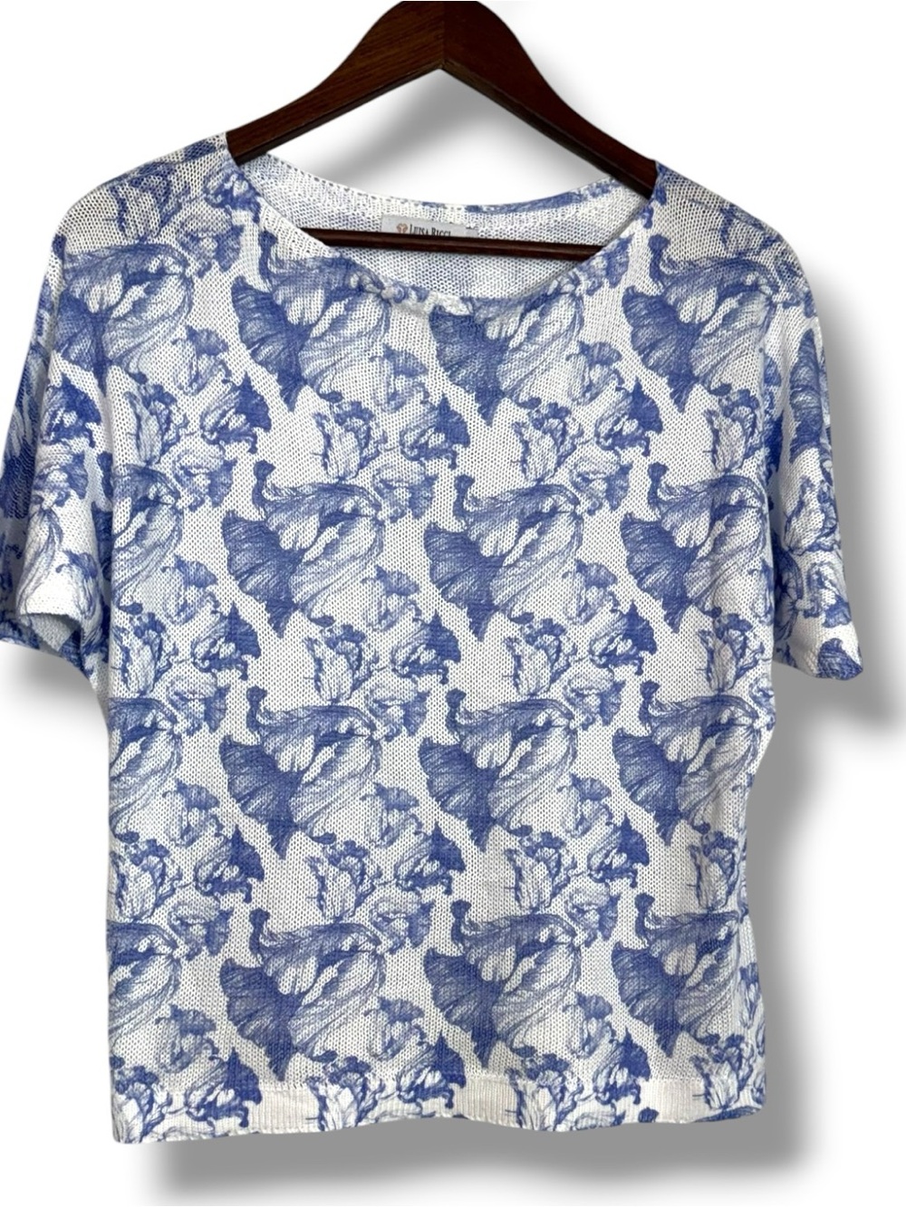 Luisa Ricci Loose Knit Blue White Floral Blouse Top Women’s Small Short Sleeve